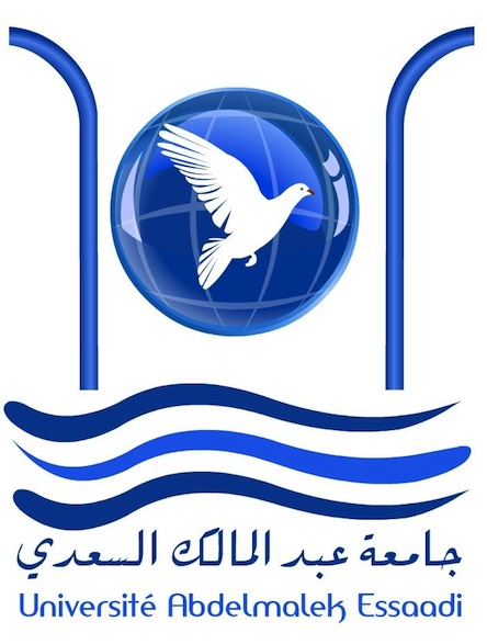 Logo of the University Abdelmalek Essaadi featuring a white dove in front of a blue globe