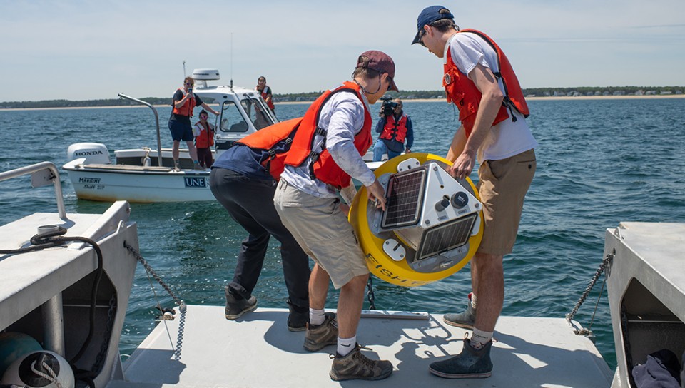 Students on a boat preparing a white shark buoy for deployment