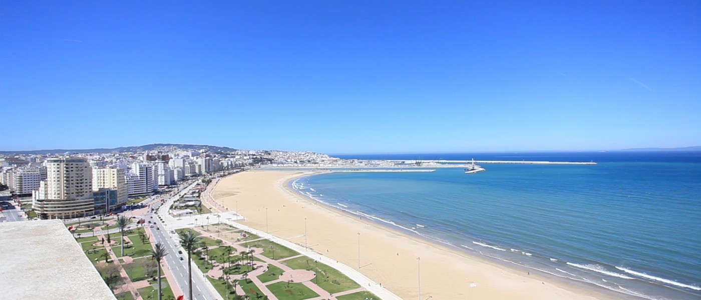 Tangier's beaches and ocean-front business district, viewed from a highrise rooftop.