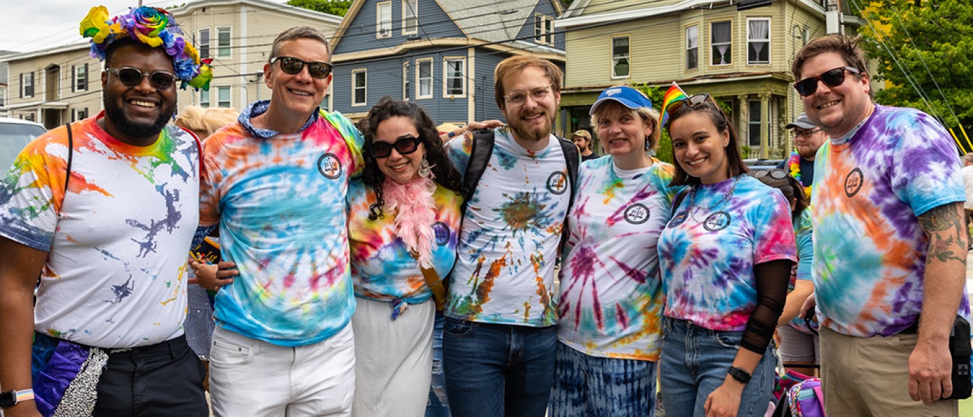 A group of U N E students at a Pride event in downtown Portland, Maine