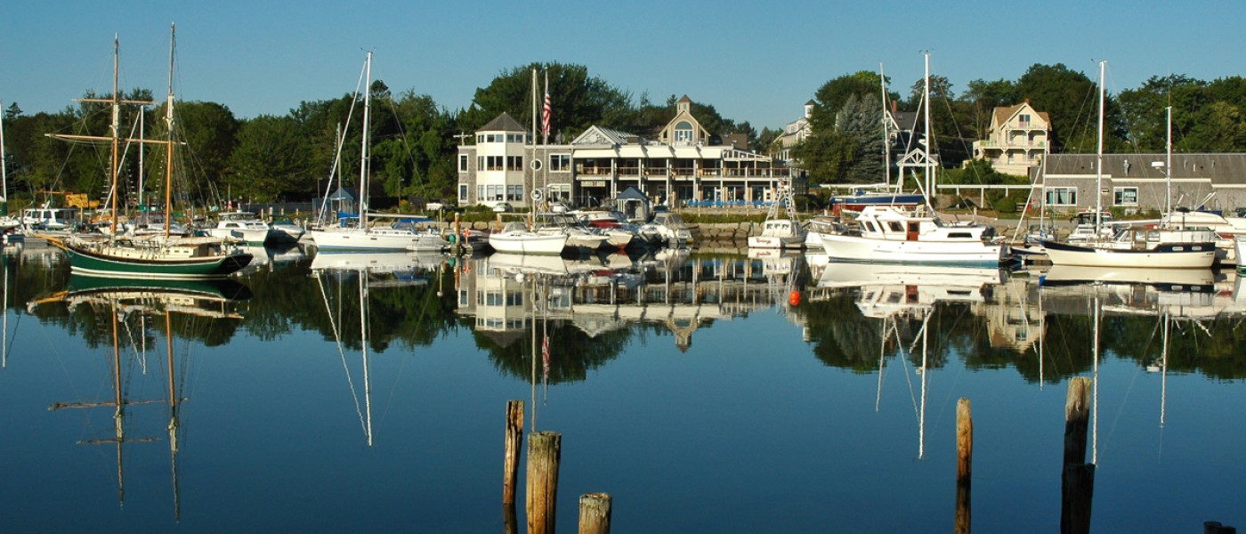 A view of buildings on the water and boats in Kennebunkport
