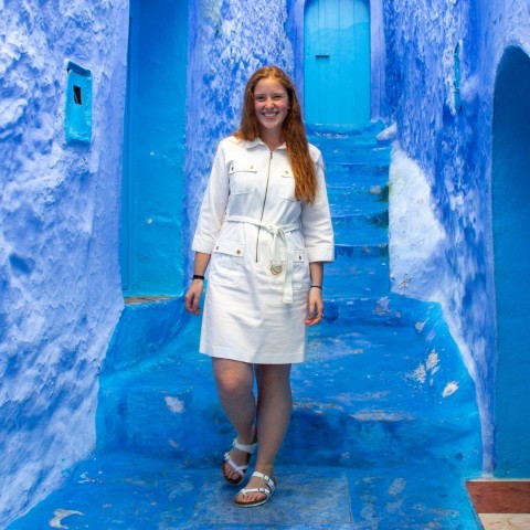 Rebecca Kryceski stands in the blue city of Chefchaouen