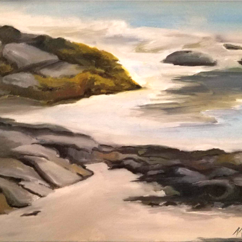 A painting of the ocean at low tide with rocks and the beach visible